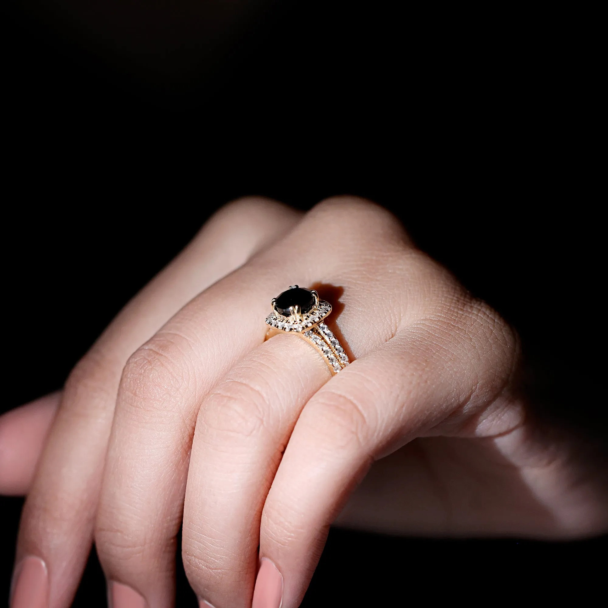 Round Black Onyx Classic Halo Ring Set with Moissanite