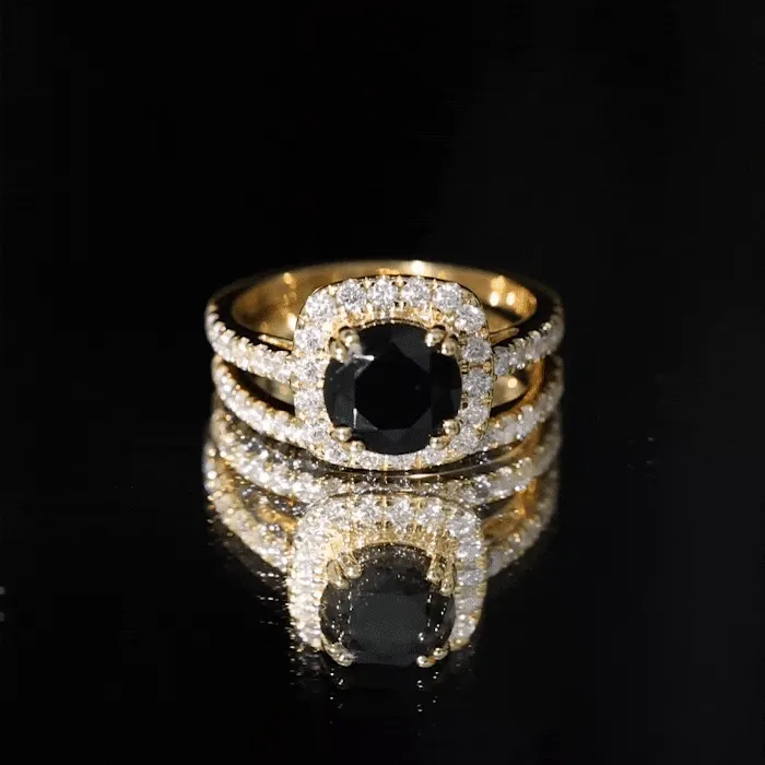 Round Black Onyx Classic Halo Ring Set with Moissanite
