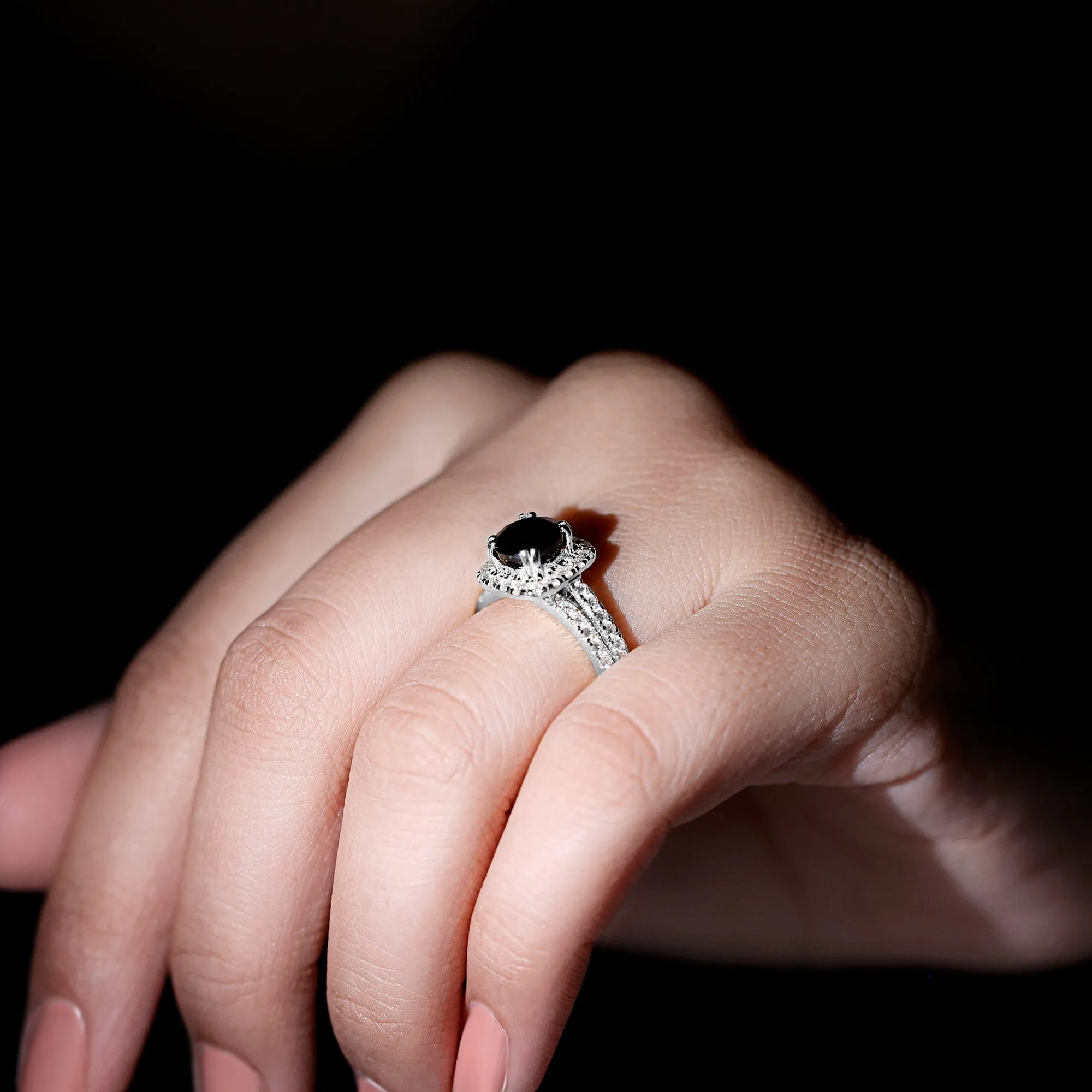 Round Black Onyx Classic Halo Ring Set with Moissanite