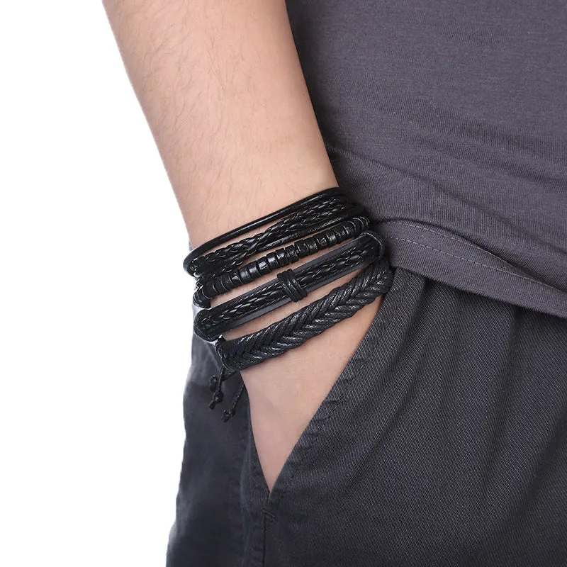 Round Brand Leather Braided Bracelet Leather Multi-layer Suit Rune Retro Ornament Men's