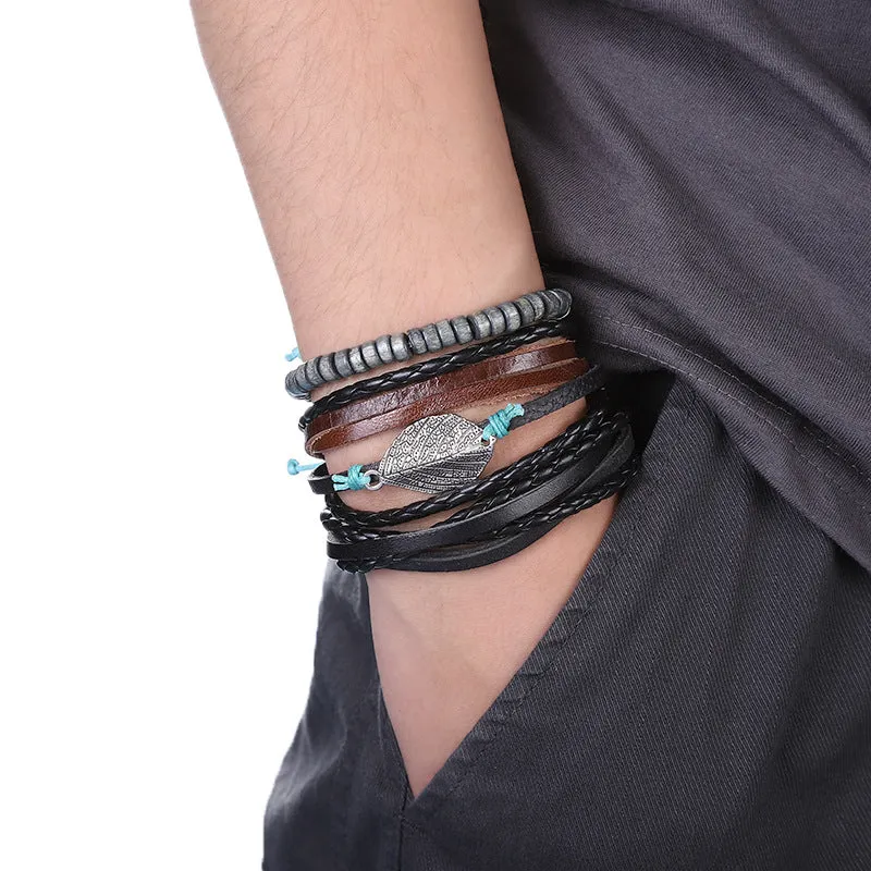 Round Brand Leather Braided Bracelet Leather Multi-layer Suit Rune Retro Ornament Men's