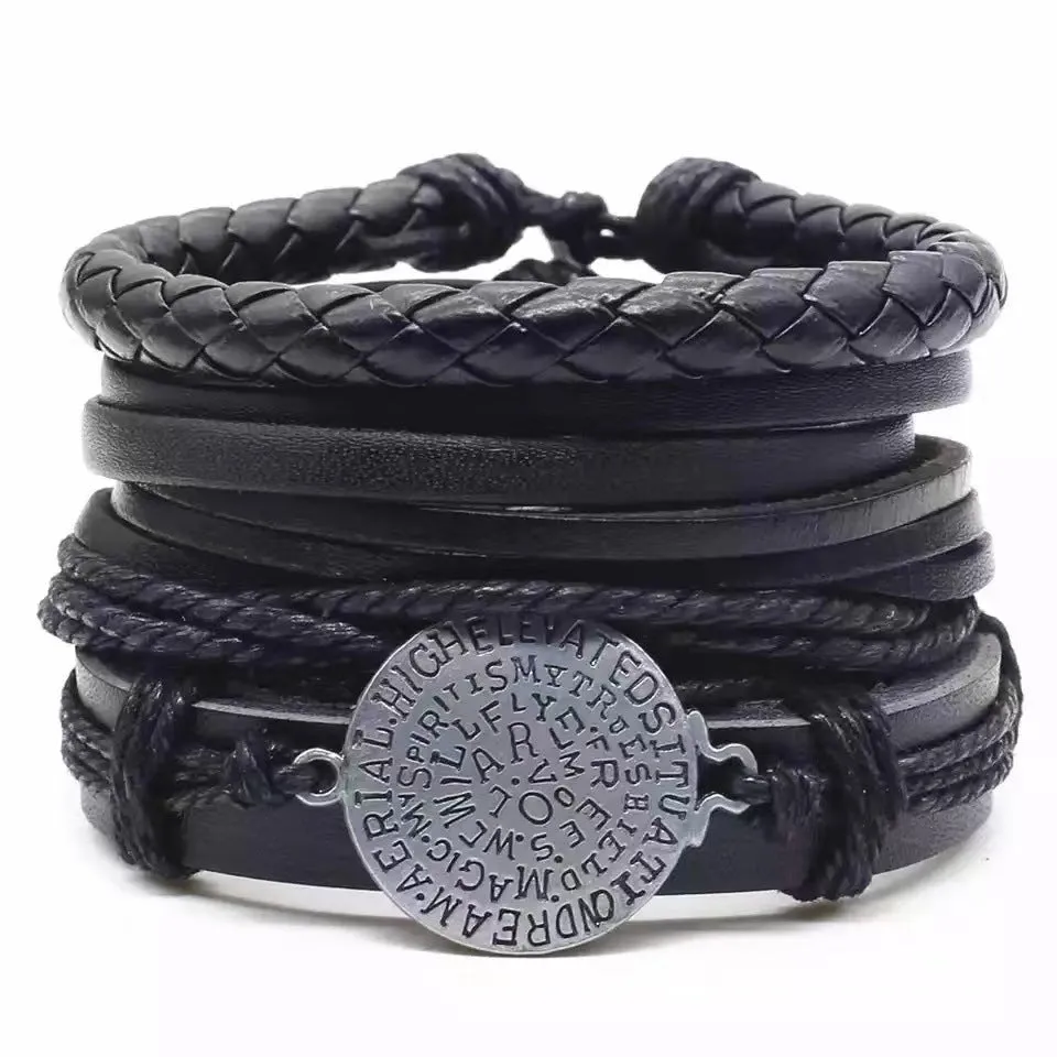 Round Brand Leather Braided Bracelet Leather Multi-layer Suit Rune Retro Ornament Men's