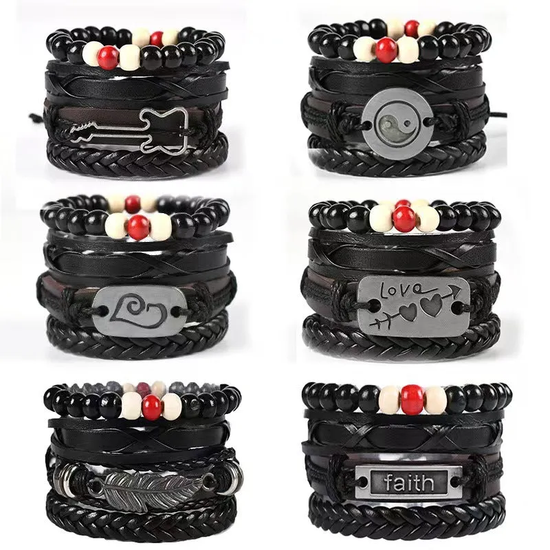 Round Brand Leather Braided Bracelet Leather Multi-layer Suit Rune Retro Ornament Men's
