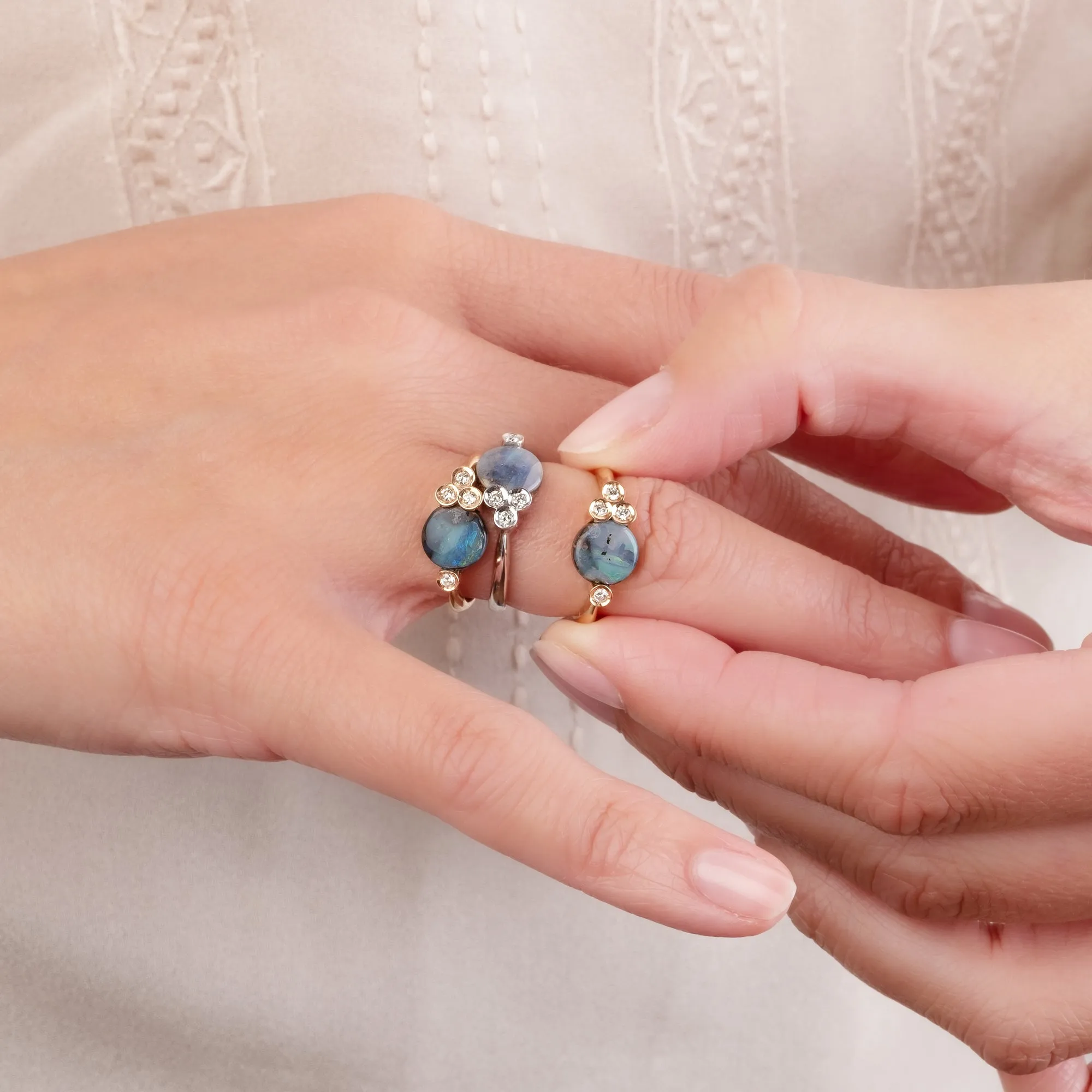 Round-cut Boulder opal tris ring set -2