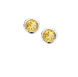 Silver and Citrine 4mm round stud earrings in rubover setting