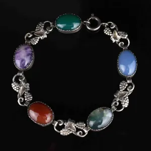 Silver Grape Leaf Arts and Crafts Agate Bracelet