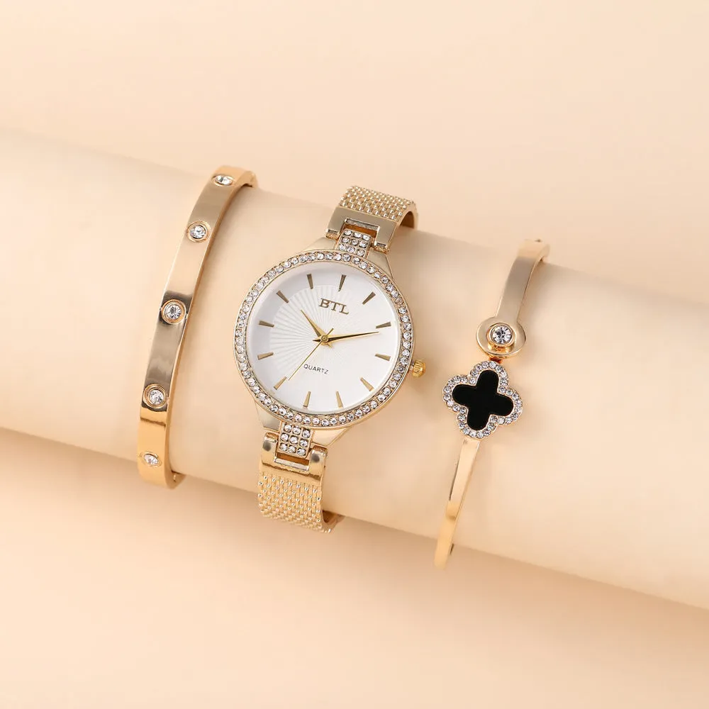 Simple Temperament Leisure Fine Belt Mesh Belt Quartz Watch Bracelet Set (3pcs/Set)
