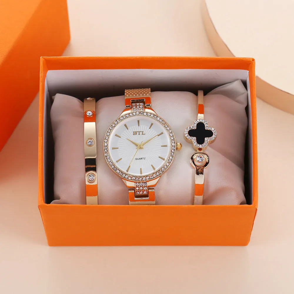Simple Temperament Leisure Fine Belt Mesh Belt Quartz Watch Bracelet Set (3pcs/Set)