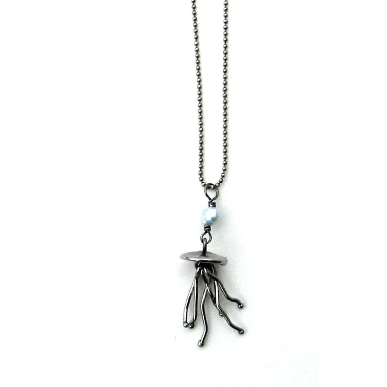 Small Jellyfish Stainless Steel and Semi Precious Stone Pendant Necklace Jewelry by Metallic Evolution