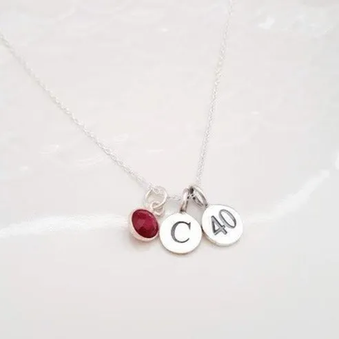 Sterling Silver 40th Milestone Initial and Gemstone Necklace