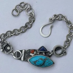 Sterling Silver Bracelet with Custom Cut Arizona Turquoise, Lapiz Lazuli and Carnelian