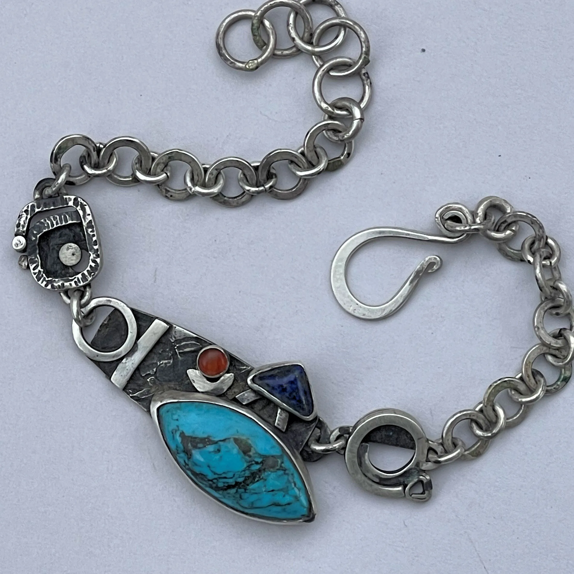 Sterling Silver Bracelet with Custom Cut Arizona Turquoise, Lapiz Lazuli and Carnelian