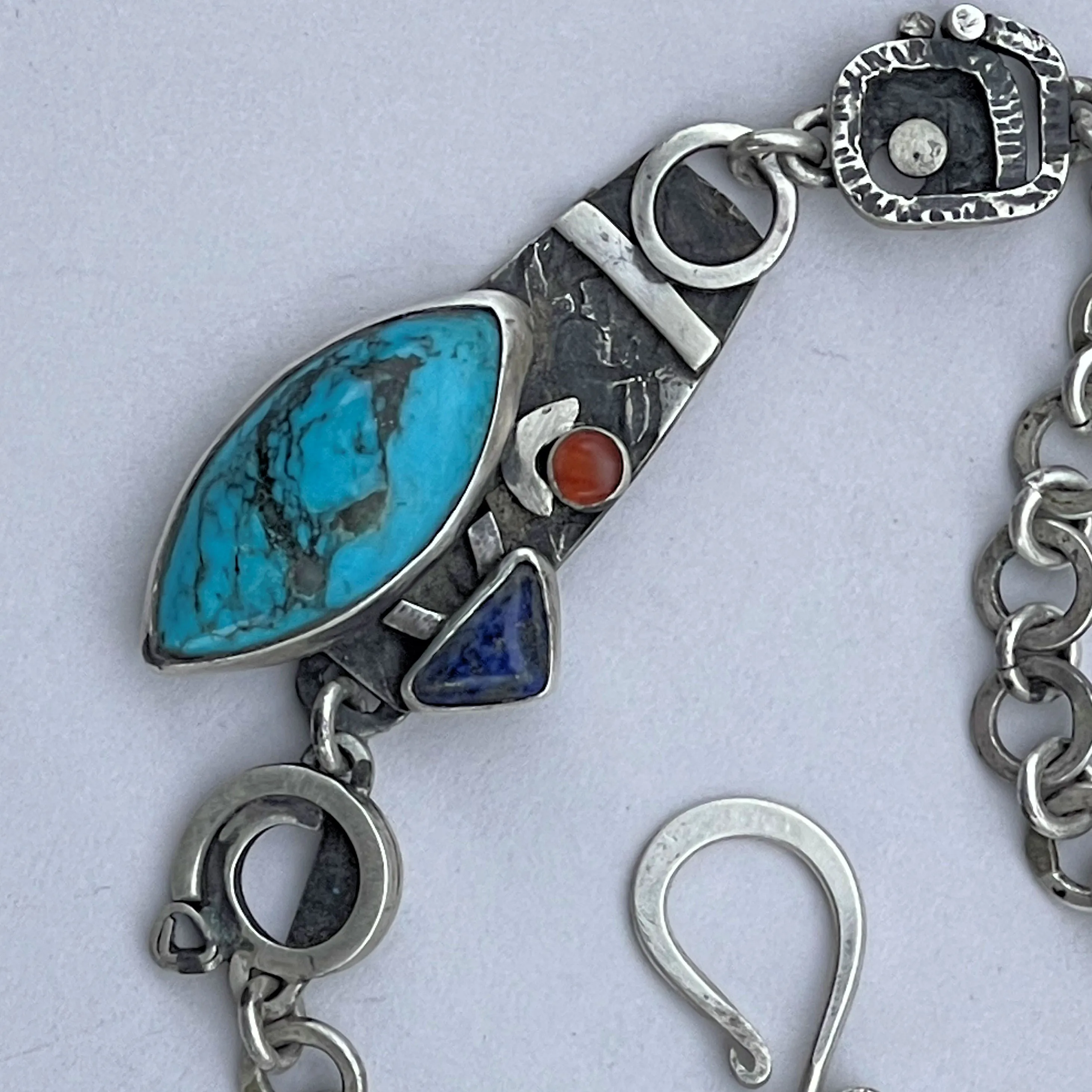 Sterling Silver Bracelet with Custom Cut Arizona Turquoise, Lapiz Lazuli and Carnelian