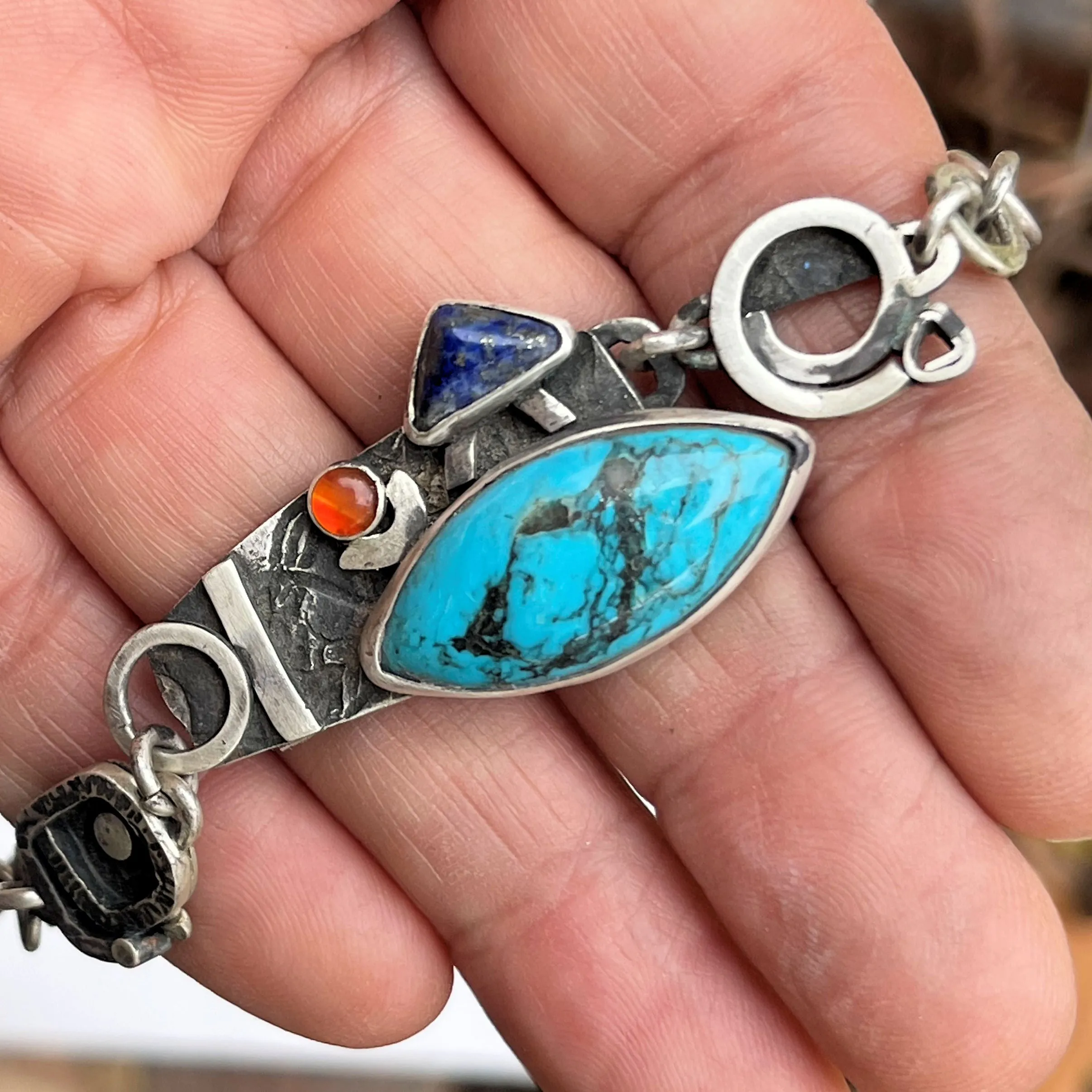 Sterling Silver Bracelet with Custom Cut Arizona Turquoise, Lapiz Lazuli and Carnelian