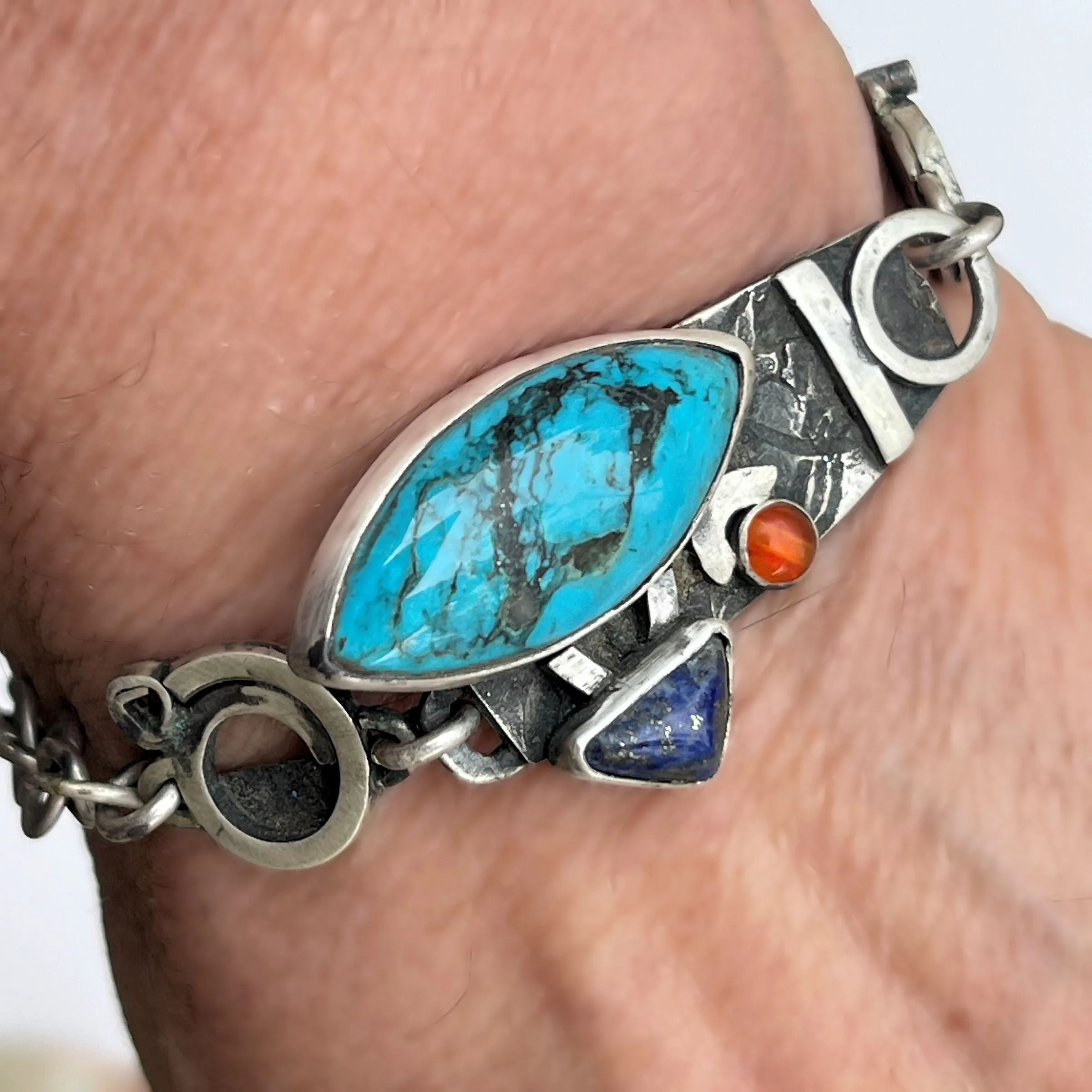 Sterling Silver Bracelet with Custom Cut Arizona Turquoise, Lapiz Lazuli and Carnelian