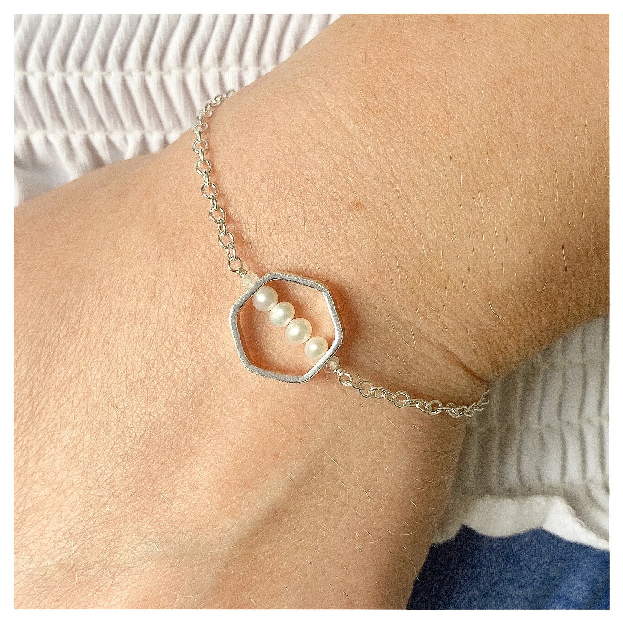 Sterling Silver, Freshwater Pearl and Moonstone Textured Hexagonal Bracelet.