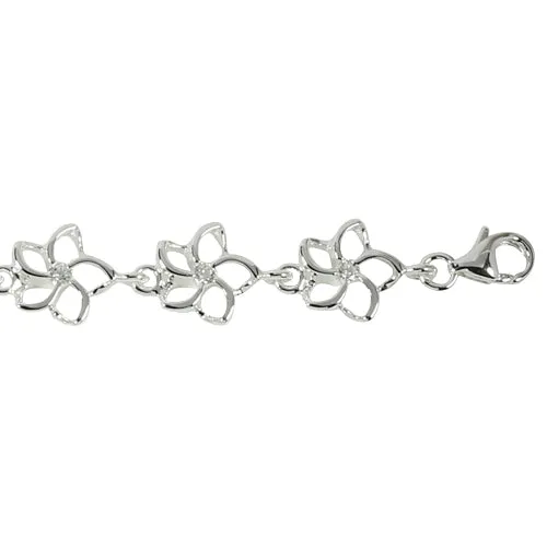 Sterling Silver Hawaiian Floating Plumeria with Clear CZ Bracelet
