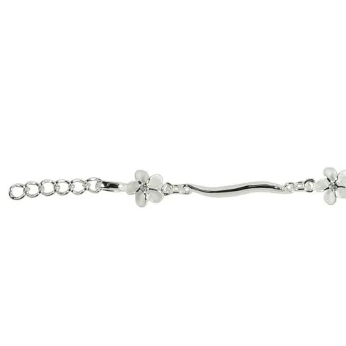 Sterling Silver Hawaiian Plumeria with Clear CZ Wave Bar Links Bracelet