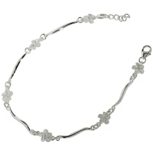 Sterling Silver Hawaiian Plumeria with Clear CZ Wave Bar Links Bracelet