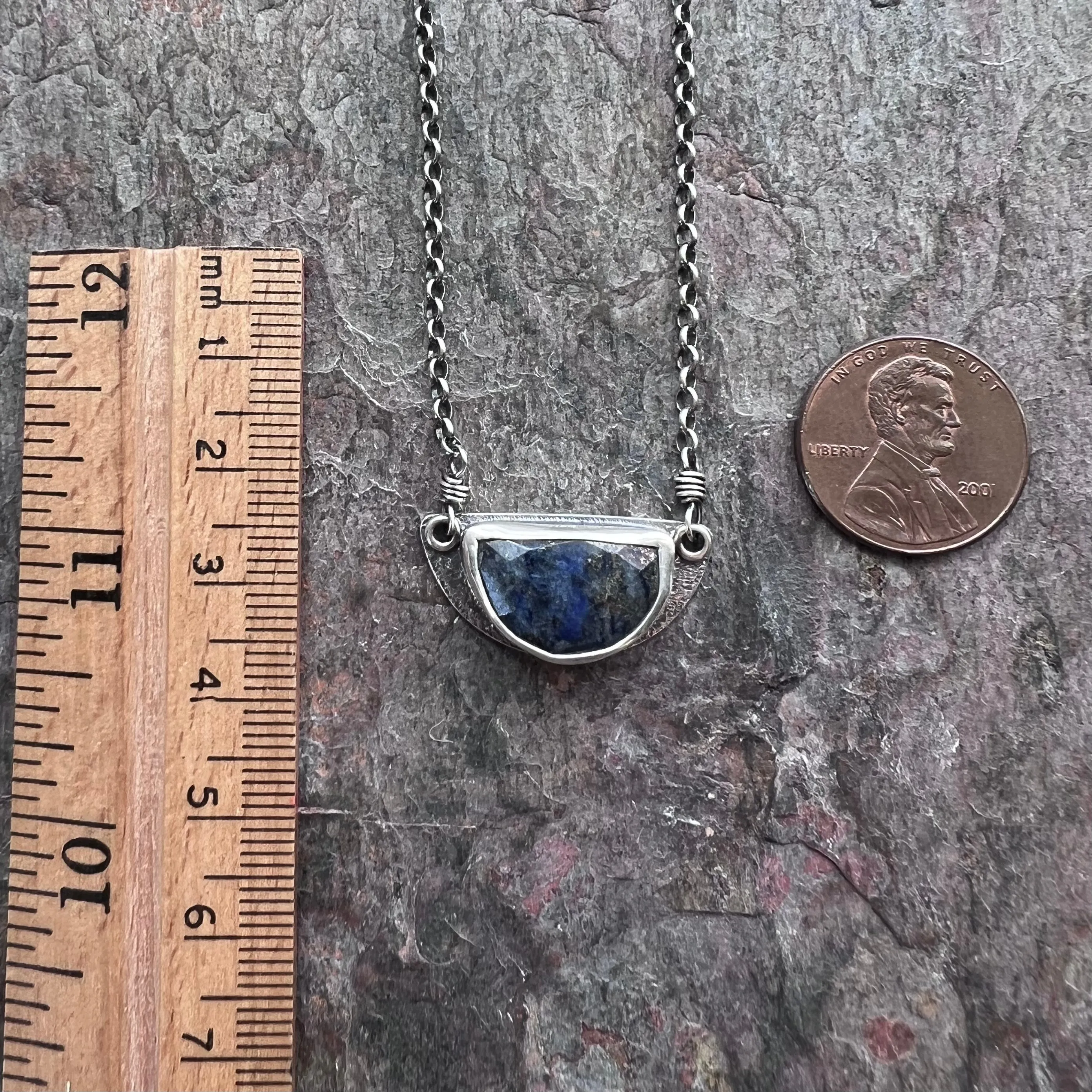Sterling Silver Lapis Necklace Genuine Lapis Lazuli Natural Stone Semicircle Blue Pendant Handmade Jewelry Unique Gift for Her