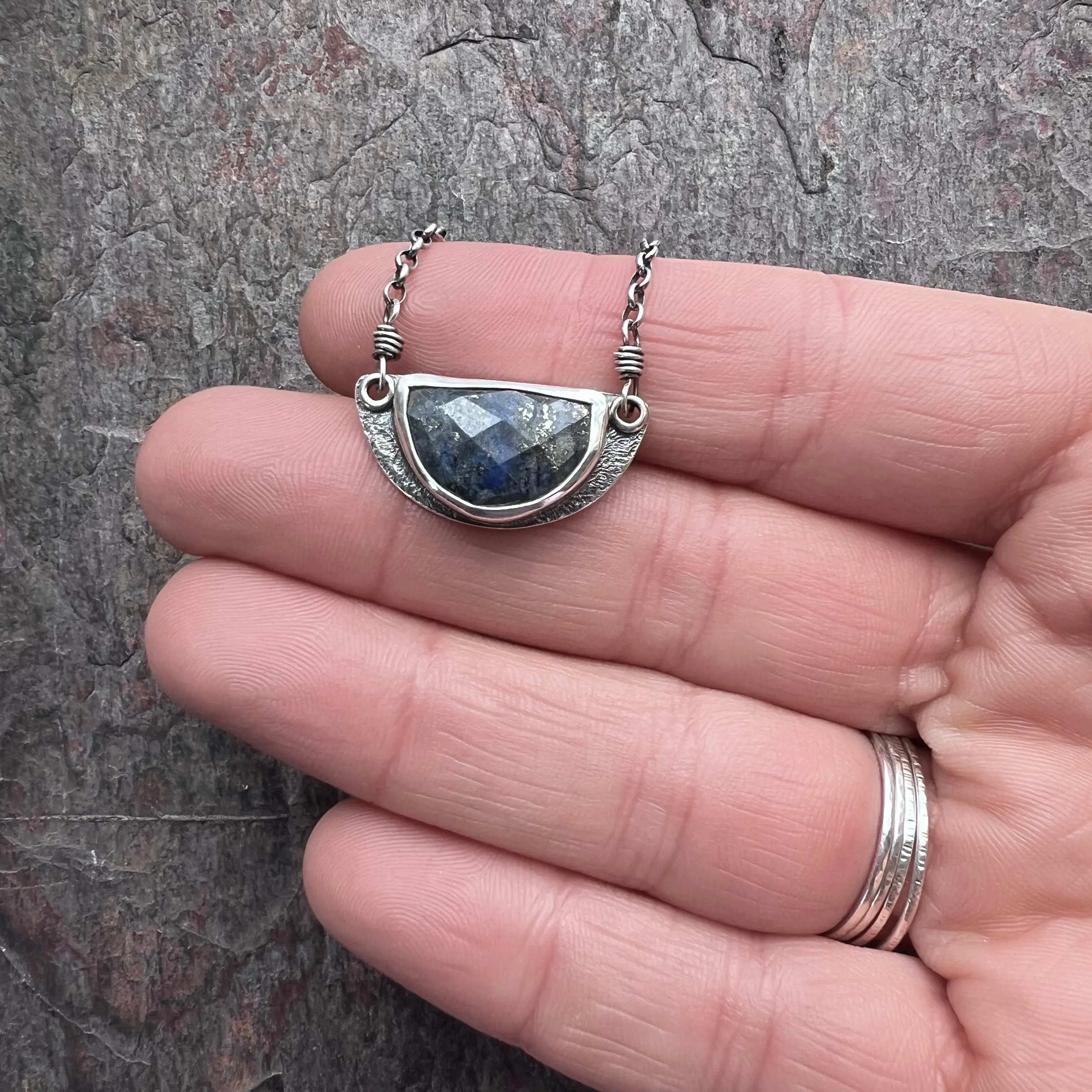 Sterling Silver Lapis Necklace Genuine Lapis Lazuli Natural Stone Semicircle Blue Pendant Handmade Jewelry Unique Gift for Her