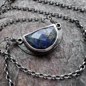 Sterling Silver Lapis Necklace Genuine Lapis Lazuli Natural Stone Semicircle Blue Pendant Handmade Jewelry Unique Gift for Her