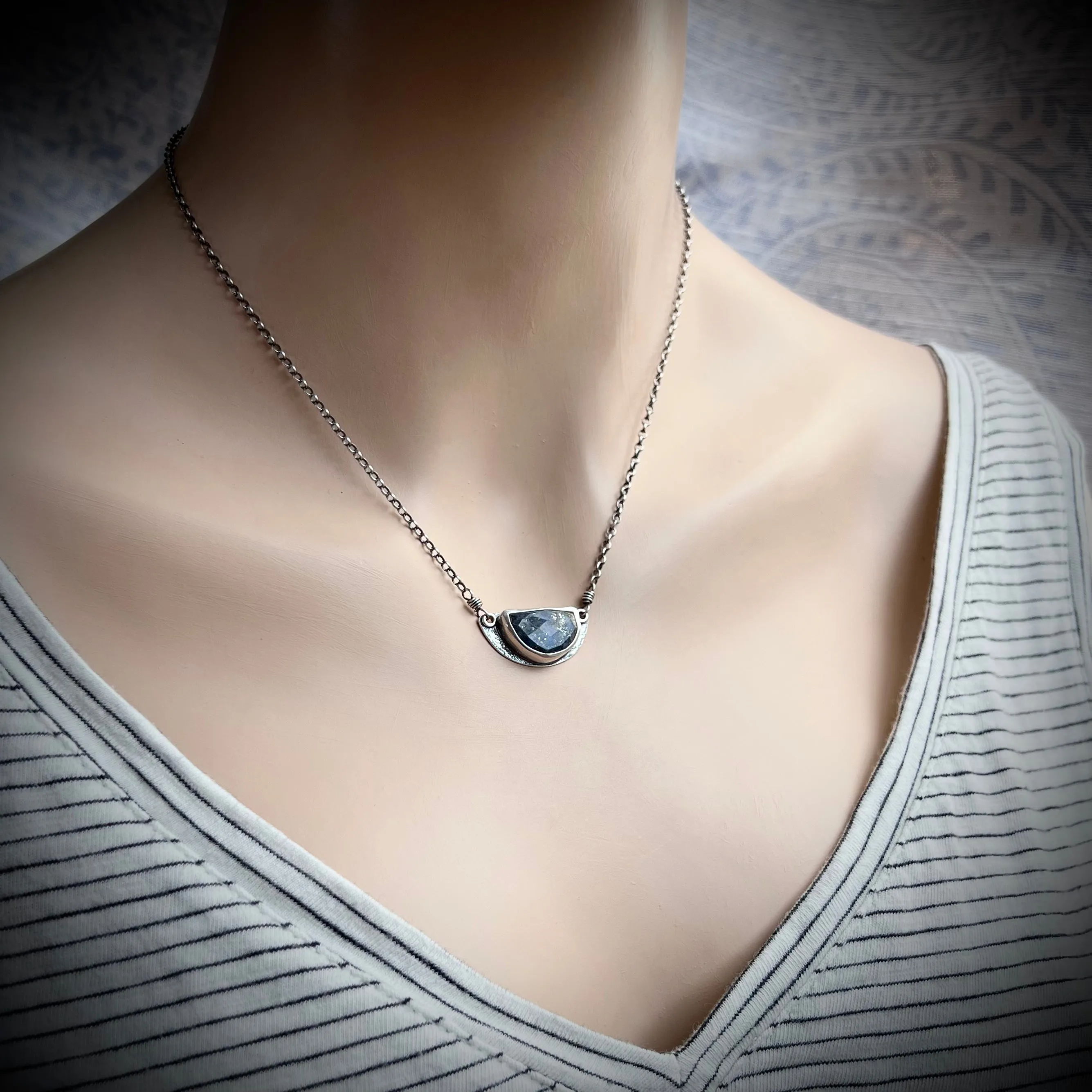 Sterling Silver Lapis Necklace Genuine Lapis Lazuli Natural Stone Semicircle Blue Pendant Handmade Jewelry Unique Gift for Her