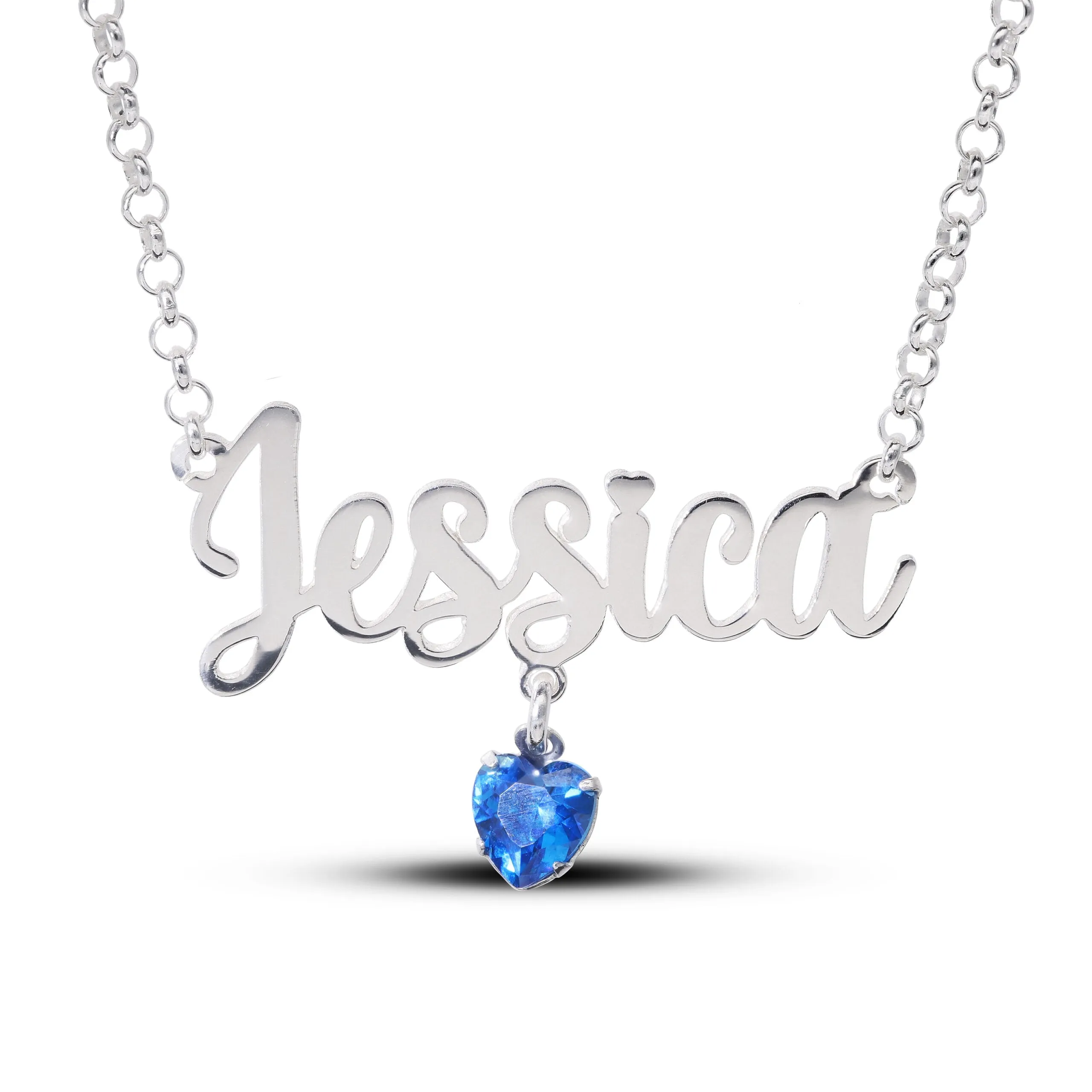 Sterling Silver Name Necklace with Birthstone Heart Charm in Silver or 18ct Yellow Gold plated