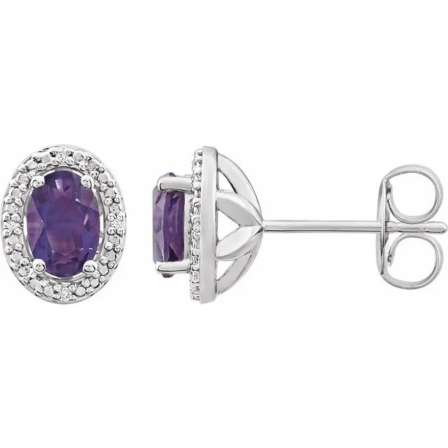 Sterling Silver Oval Gemstone & .025 CTW Diamond Halo-Style Earrings