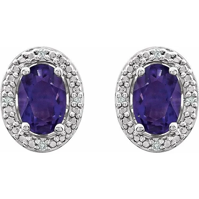 Sterling Silver Oval Gemstone & .025 CTW Diamond Halo-Style Earrings