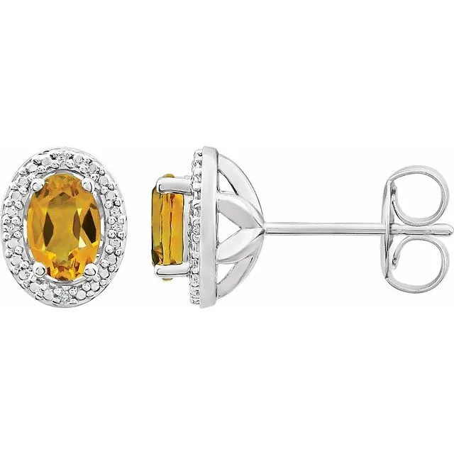 Sterling Silver Oval Gemstone & .025 CTW Diamond Halo-Style Earrings
