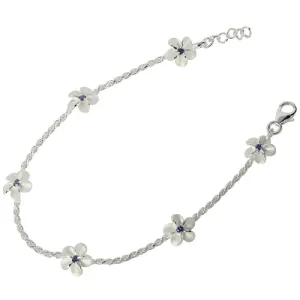 Sterling Silver Rope Chain Plumeria with Purple CZ Links Bracelet