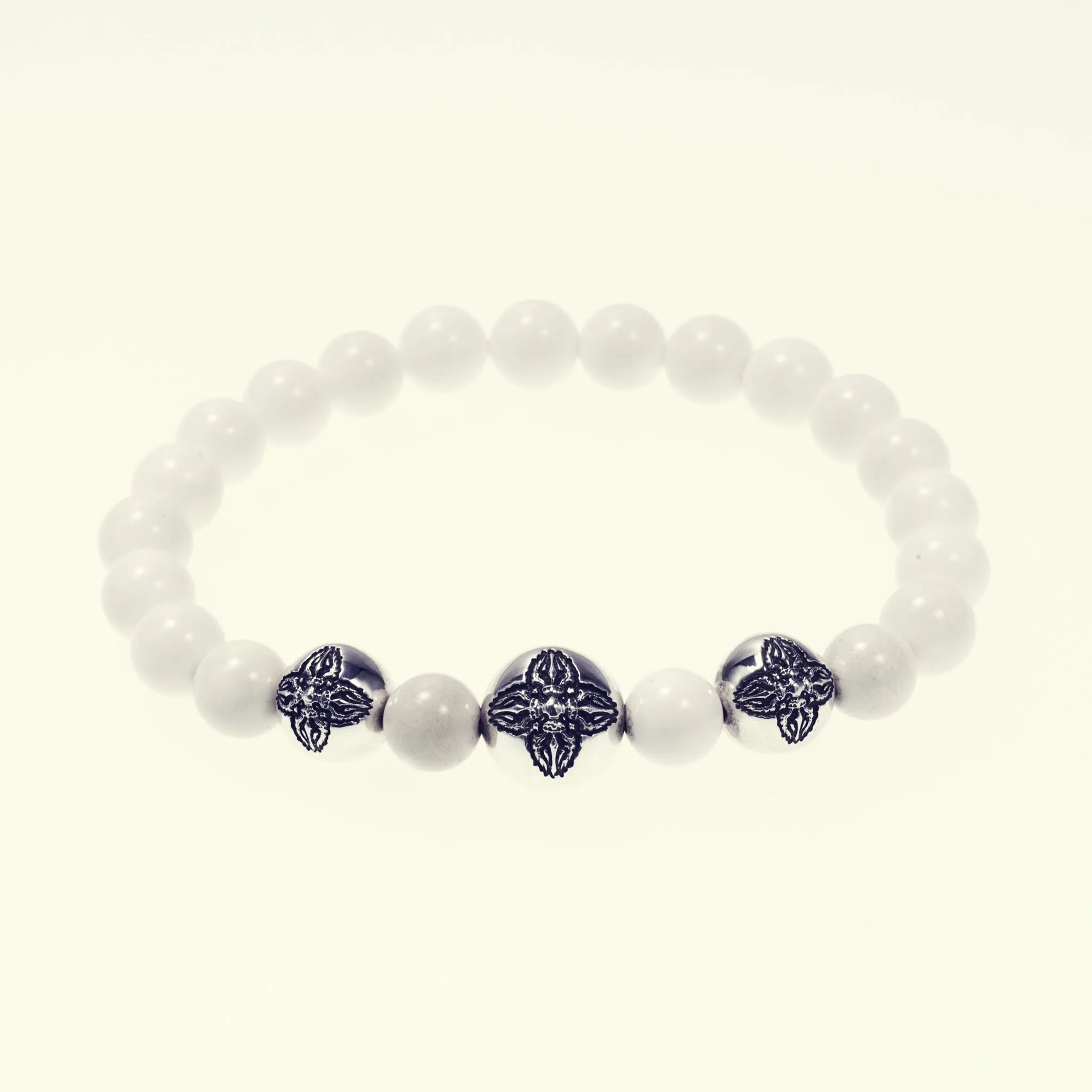 Stone Bracelet With Double Dorje Ball : (White agate)
