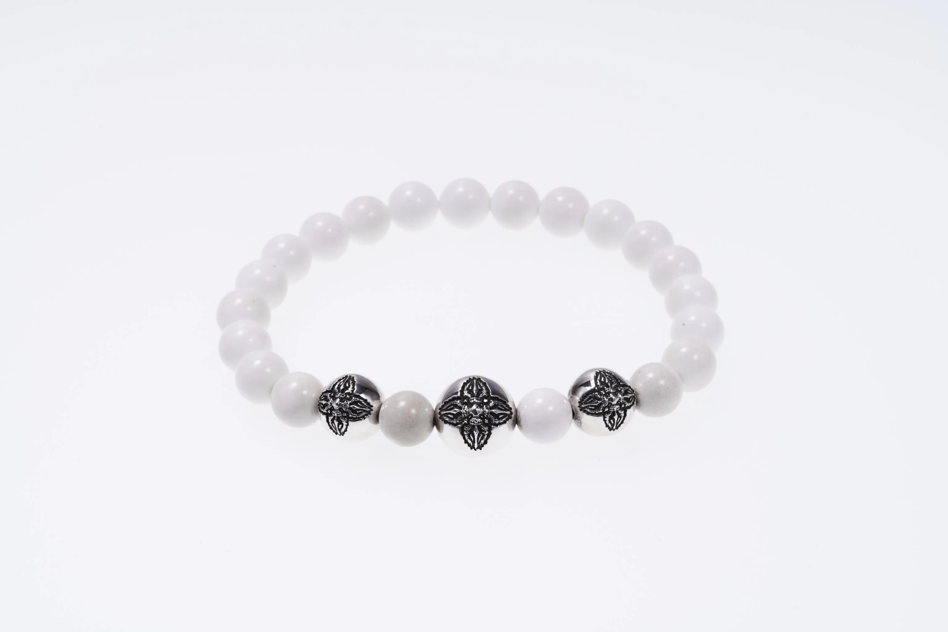 Stone Bracelet With Double Dorje Ball : (White agate)