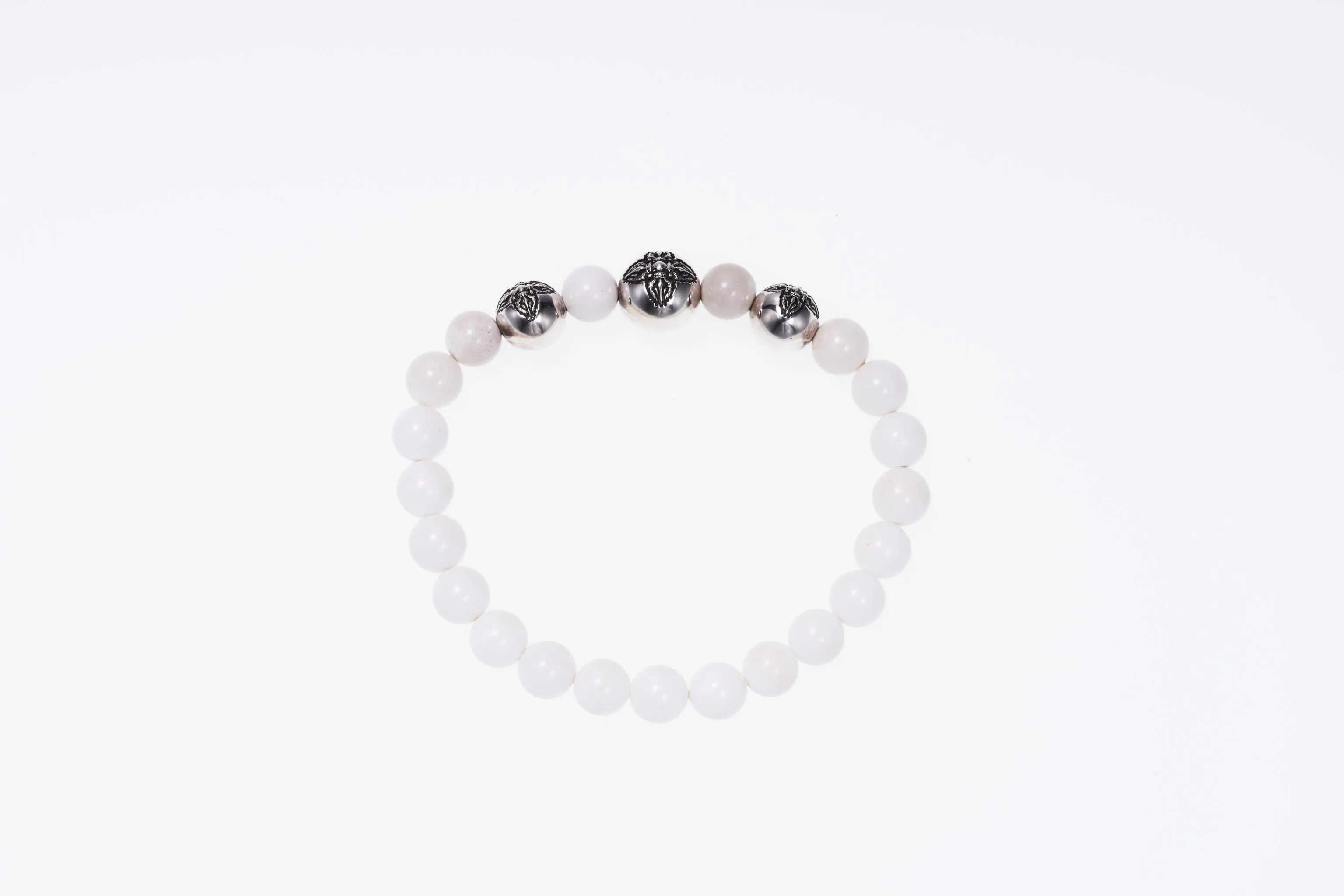 Stone Bracelet With Double Dorje Ball : (White agate)