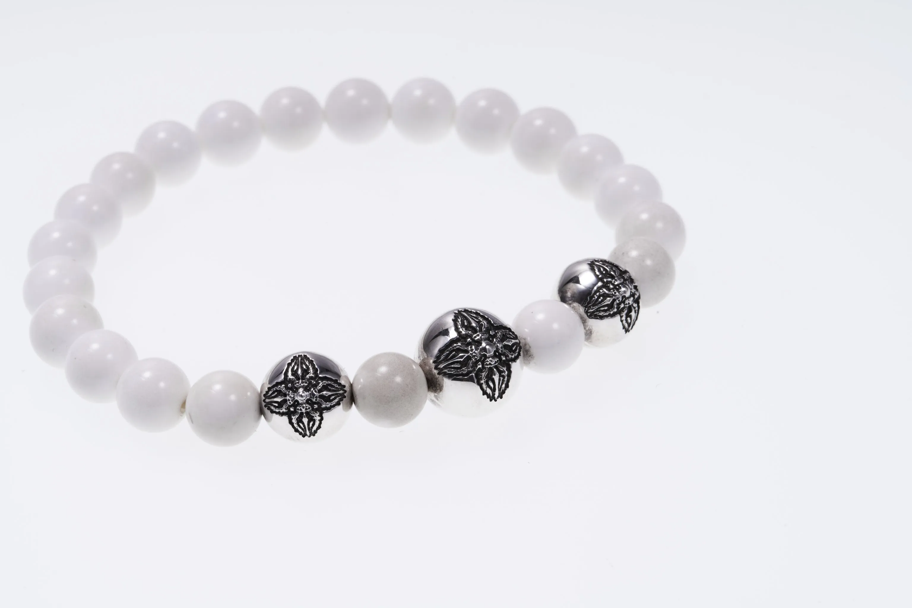 Stone Bracelet With Double Dorje Ball : (White agate)