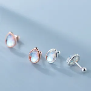 Teardrop Moonstone Earrings, Rainbow Moonstone Stud Earrings, Minimalist Studs, Tiny Hypoallergenic Earrings, Rose Gold S925 Silver Earrings