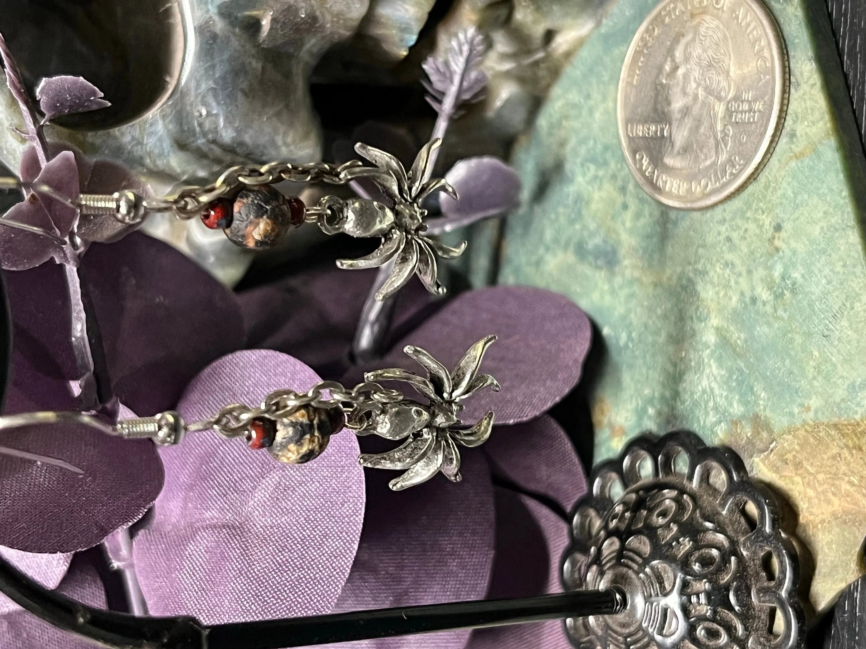 Tibetan Agate Spider Earrings, WireWeavedUniques