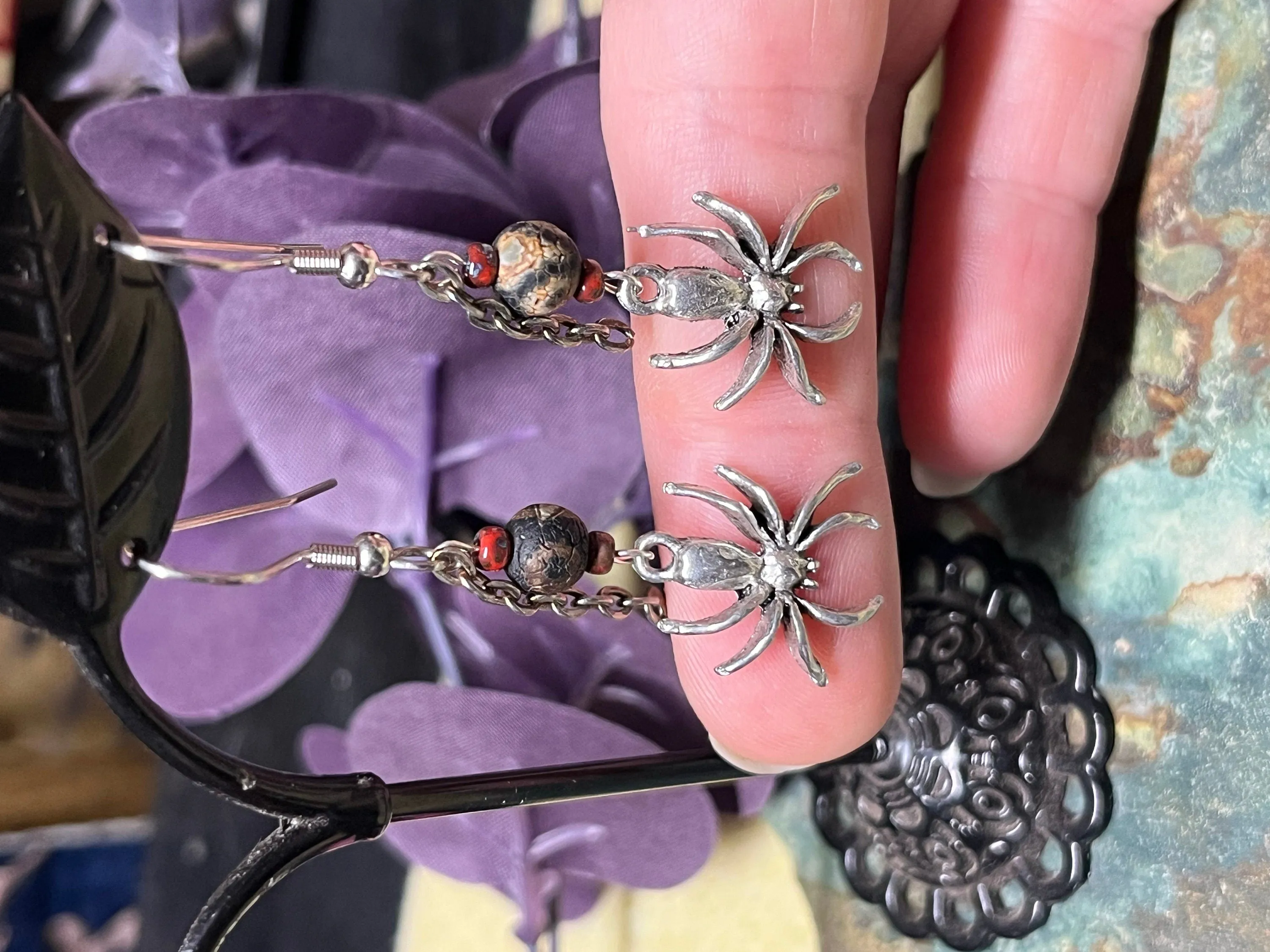 Tibetan Agate Spider Earrings, WireWeavedUniques