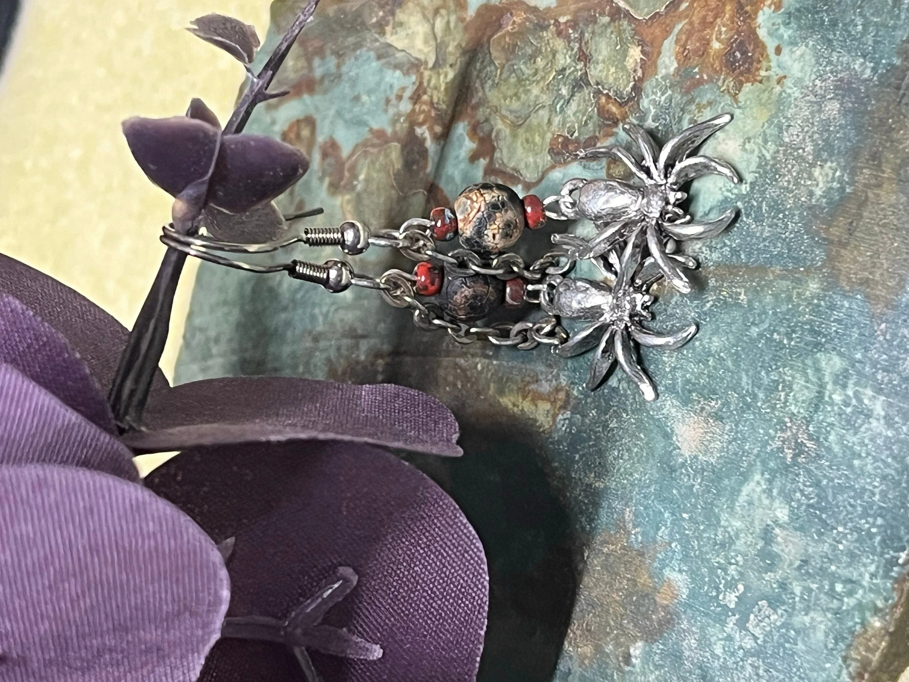 Tibetan Agate Spider Earrings, WireWeavedUniques