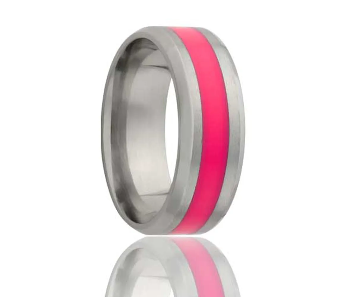 Titanium Beveled Edge Pink Inlay Ring