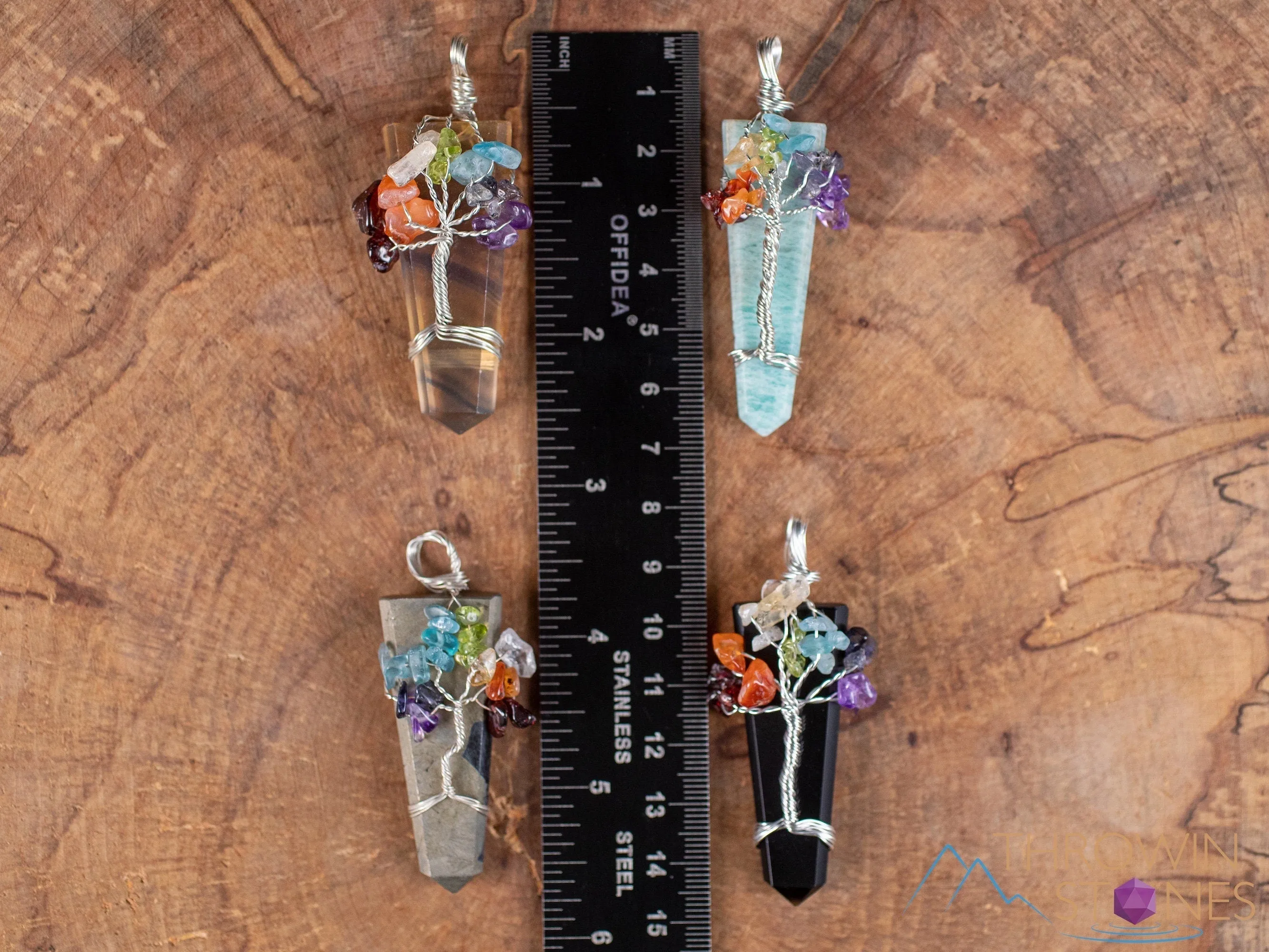 Tree of Life Pendant, CHAKRA Crystal Points Pendant - Amazonite, Onyx, Pyrite, Fluorite - Wire Wrapped Jewelry, E2016