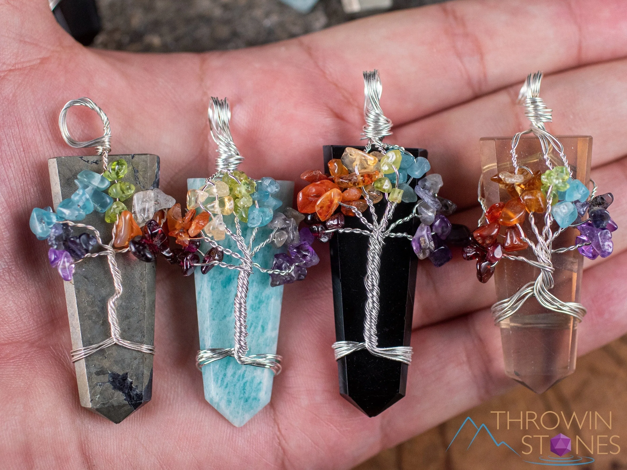 Tree of Life Pendant, CHAKRA Crystal Points Pendant - Amazonite, Onyx, Pyrite, Fluorite - Wire Wrapped Jewelry, E2016