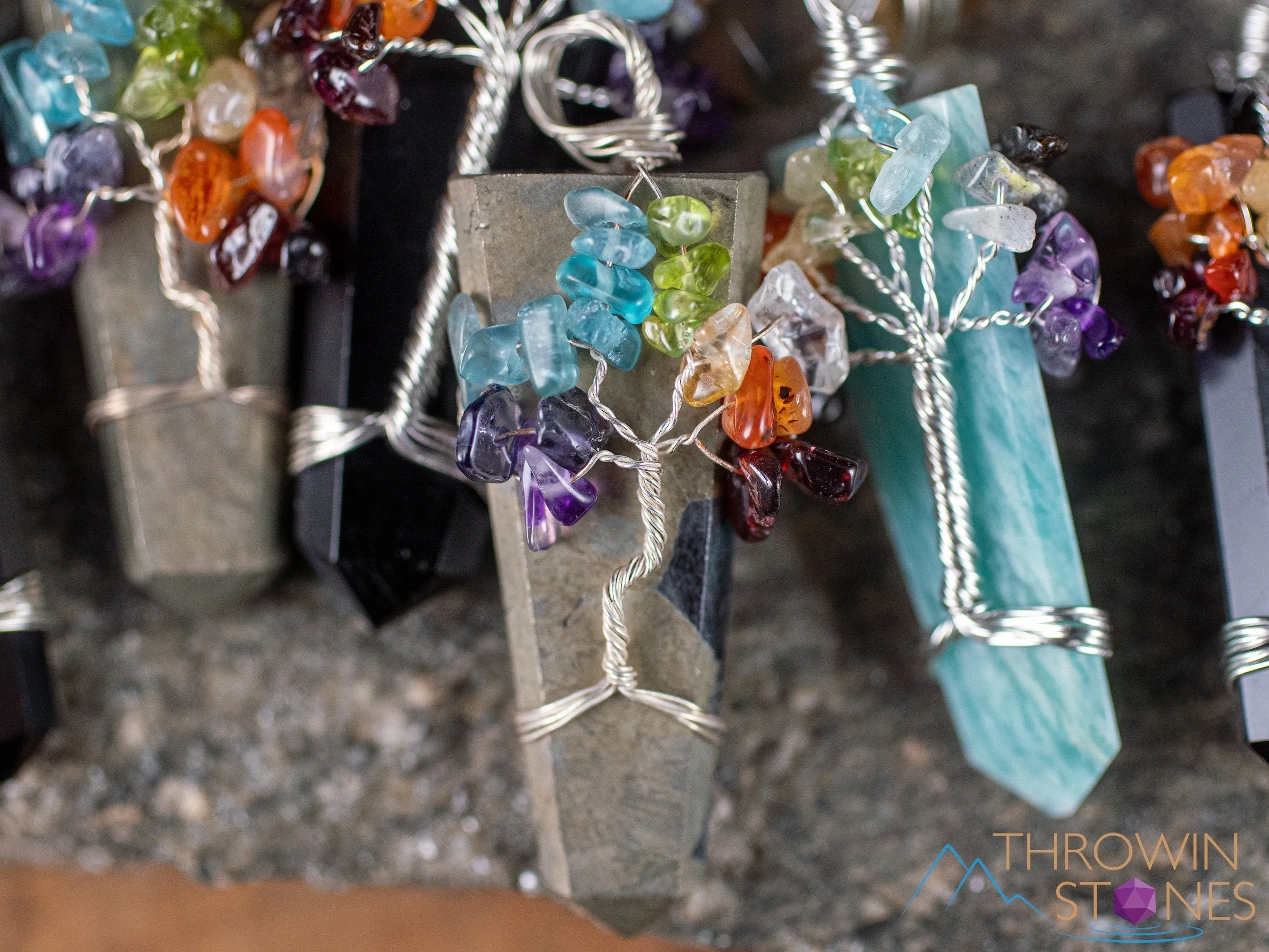 Tree of Life Pendant, CHAKRA Crystal Points Pendant - Amazonite, Onyx, Pyrite, Fluorite - Wire Wrapped Jewelry, E2016