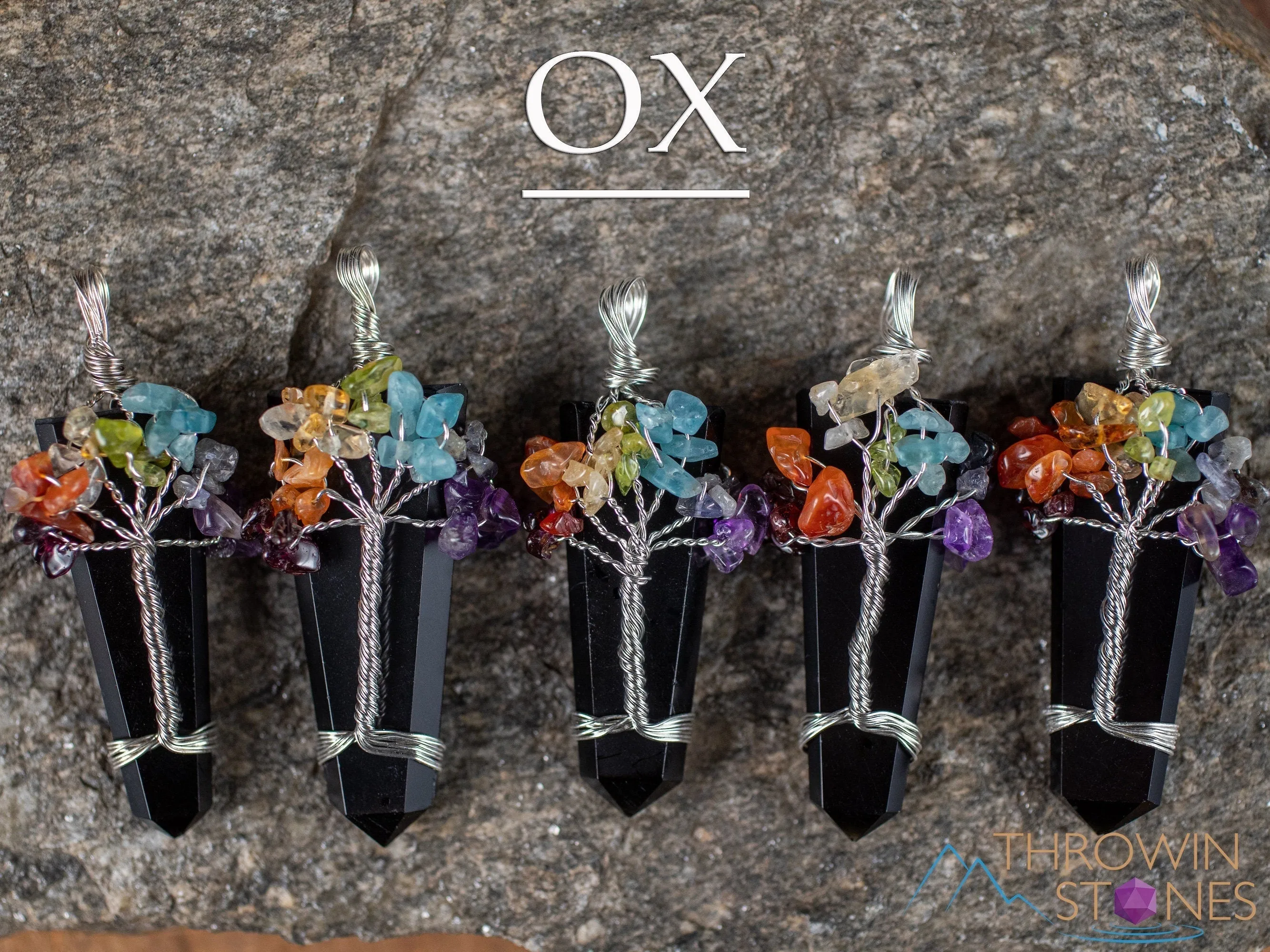 Tree of Life Pendant, CHAKRA Crystal Points Pendant - Amazonite, Onyx, Pyrite, Fluorite - Wire Wrapped Jewelry, E2016