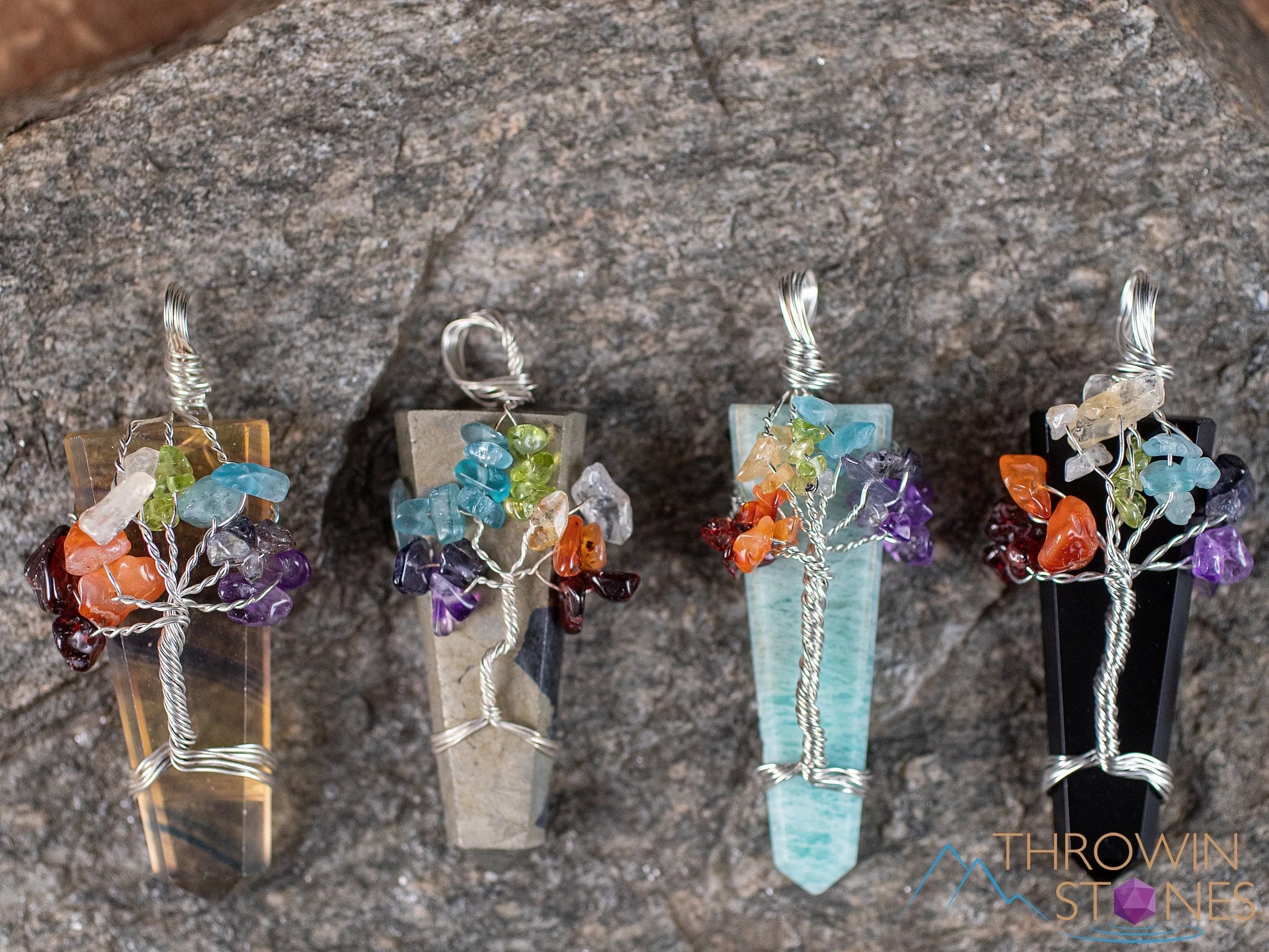 Tree of Life Pendant, CHAKRA Crystal Points Pendant - Amazonite, Onyx, Pyrite, Fluorite - Wire Wrapped Jewelry, E2016