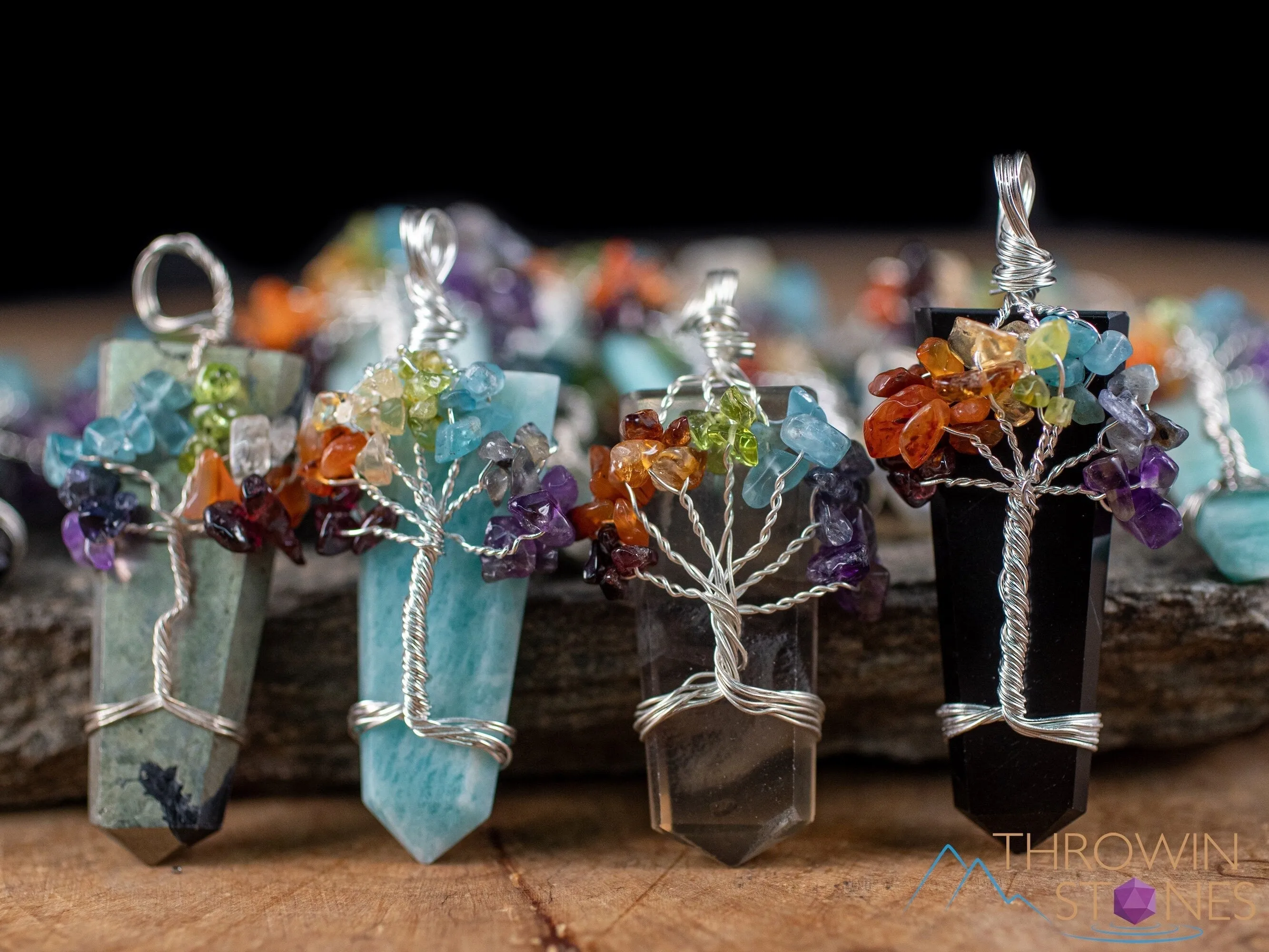 Tree of Life Pendant, CHAKRA Crystal Points Pendant - Amazonite, Onyx, Pyrite, Fluorite - Wire Wrapped Jewelry, E2016