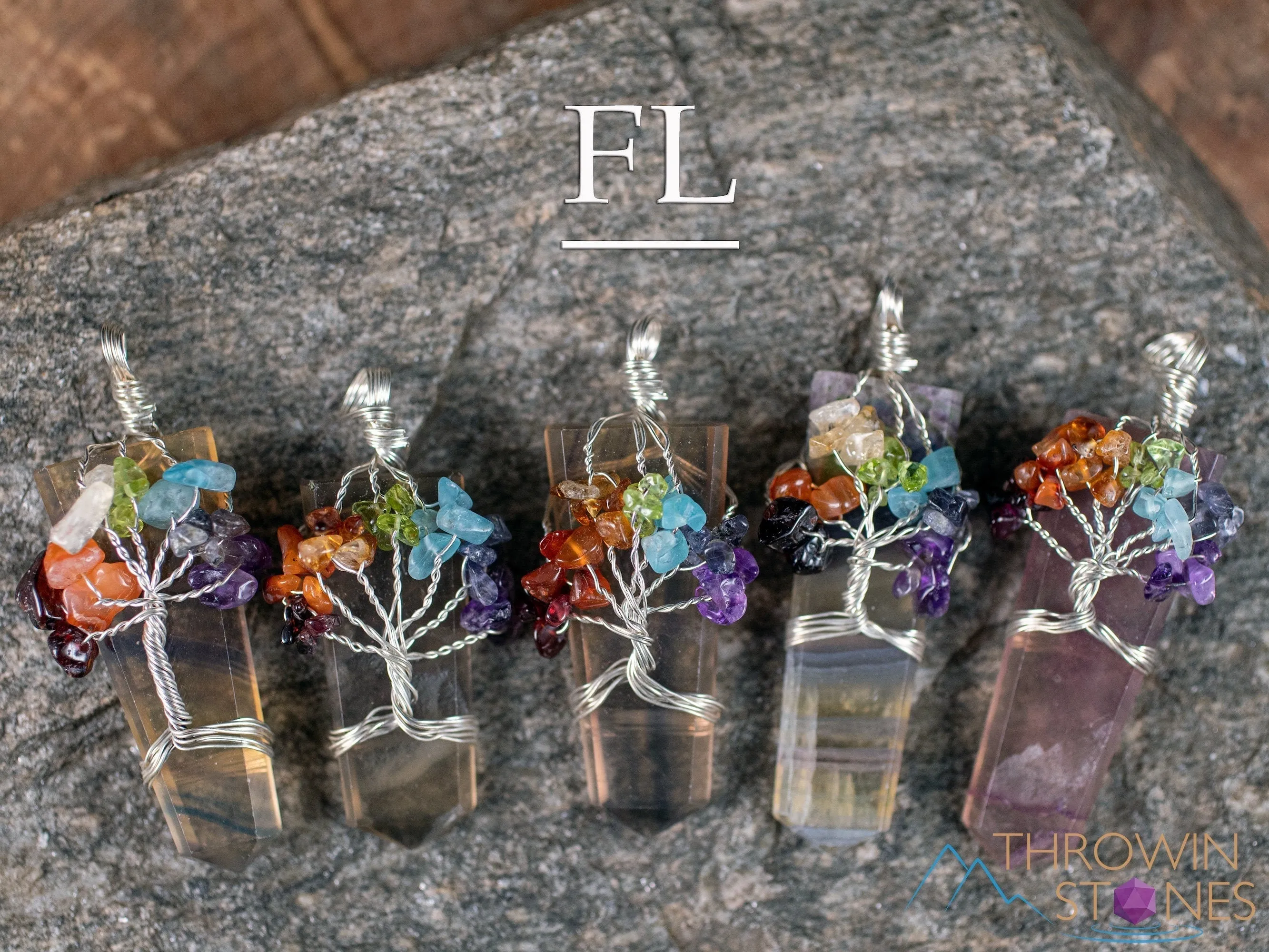 Tree of Life Pendant, CHAKRA Crystal Points Pendant - Amazonite, Onyx, Pyrite, Fluorite - Wire Wrapped Jewelry, E2016