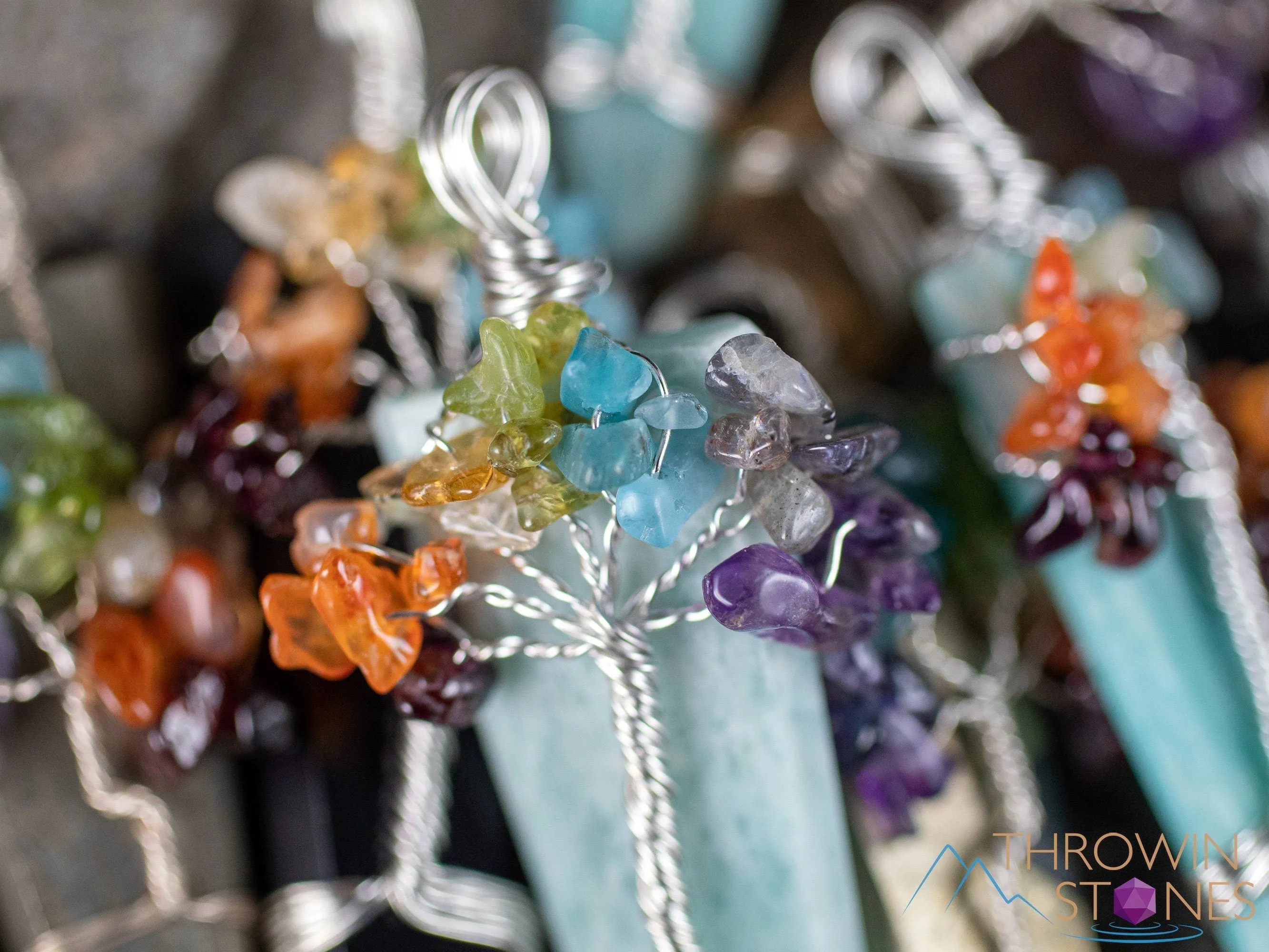 Tree of Life Pendant, CHAKRA Crystal Points Pendant - Amazonite, Onyx, Pyrite, Fluorite - Wire Wrapped Jewelry, E2016
