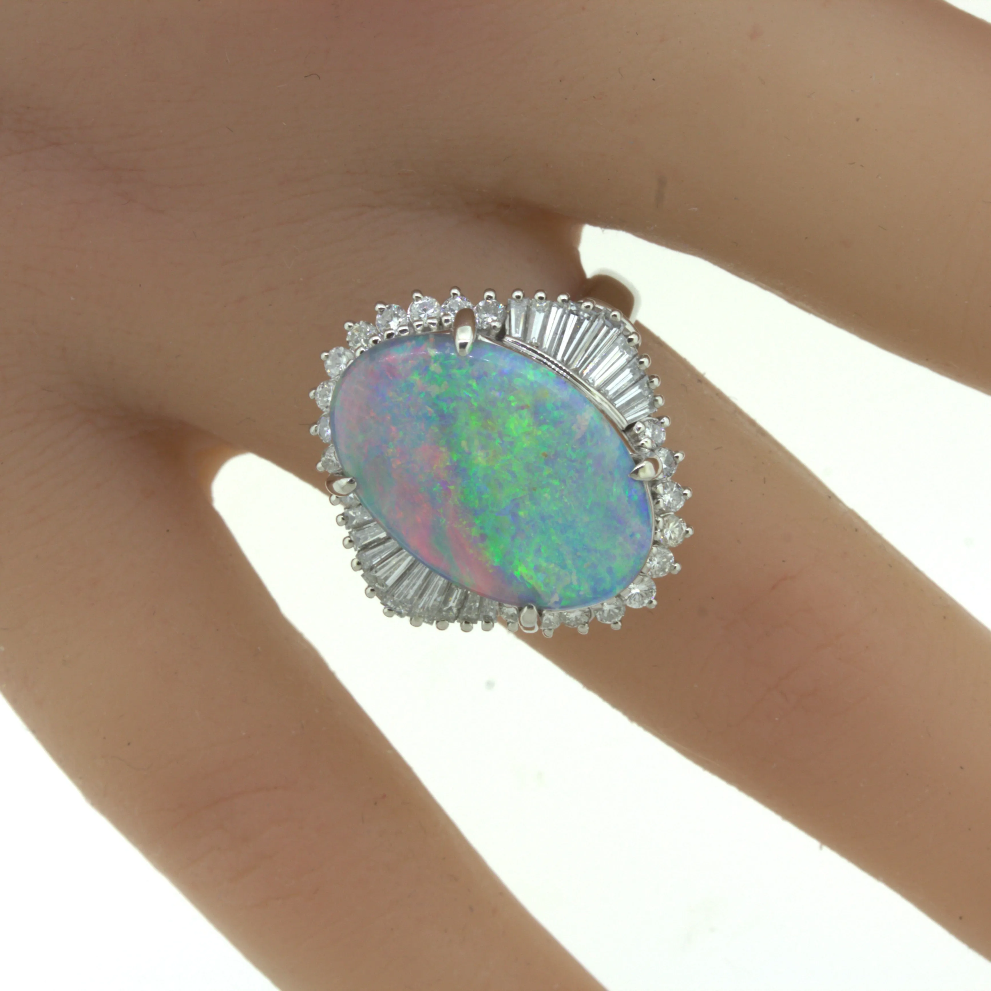 Unique Australian Opal “Double-Color” Diamond Platinum Cocktail Ring